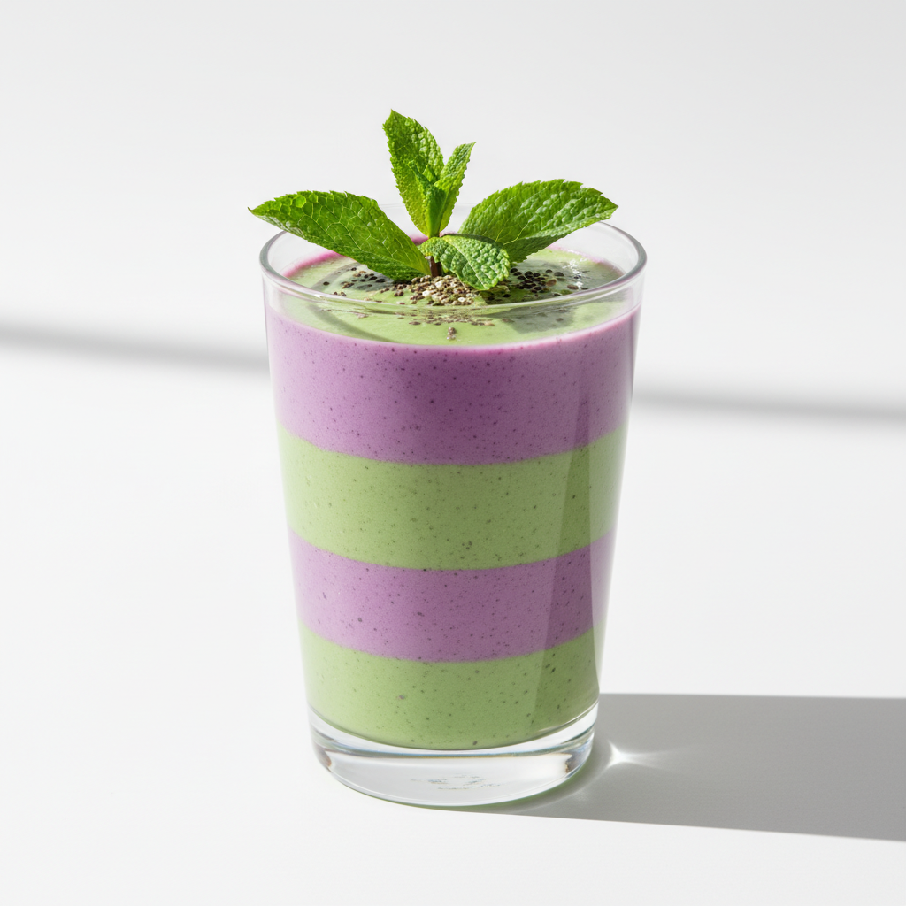 3D render แก้วสมูทตี้ชั้นๆ สีเขียวและม่วง ประดับด้วยใบสะระแหน่และเมล็ดชิอา แสงอาทิตย์ส่องผ่านทำให้เก