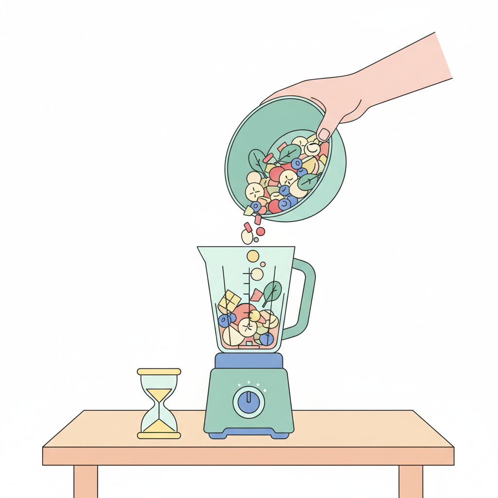 ภาพประกอบสไตล์ flat design แสดงมือกำลังเทผักผลไม้สับลงเครื่องปั่น พร้อมนาฬิกาทรายเล็กๆ บนโต๊ะ ใช้สีพ