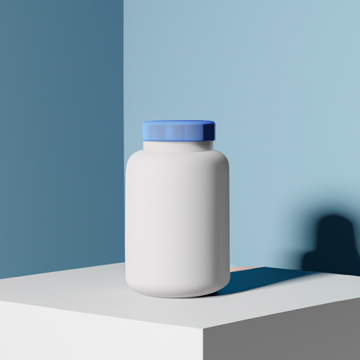 A sleek white plastic supplement bottle standing alone on a minimalist podium, soft shadows, clinica